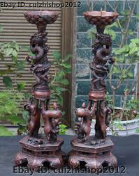 23"Chinese Red Bronze Copper Folk Dragon Two Lion Candlestick Candle Holder Pair | eBay