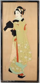 Beautiful Antique Japanese Silk Painting of Geisha in Green ...