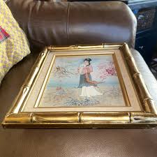 Signed Vintage Gold Bamboo Framed Asian Oriental Geisha Lady ...