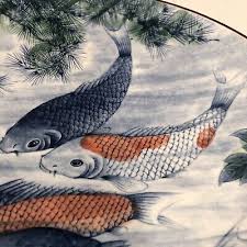 Koi Fish Plate 14" Vintage Japanese Blue White Red Porcelain ...