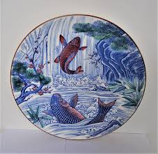 Japanese Platter Mino-Yaki Koi Fish Hand-Painted Decorative ...