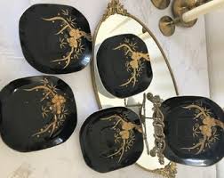 Vintage Black and Gold Floral Pattern Craftsman China 7" Plate (5 Plates in Set), Black and Gold Flower Bamboo Craftsman China 7" Plate - Etsy Canada