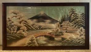 Japanese Hand Sewn Silk Tapestry 3D Landscape Mount Fuji Scene in Oak Frame | eBay