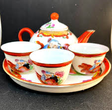 Oriental China Tea Pot, 3 Cups, Tray 5 pc Set, Koi Design Child's Toy Excellent | eBay