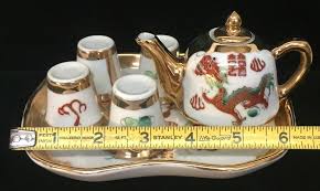 Asian Dragon Tea Set 4 Tea Cups Sake Gold Gilded Miniature | eBay