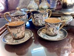 Vtg Moriyama Moriage Hand Painted Dragon Smokey Gray Tea & Cruet Set | eBay