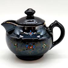 VTG Black Japanese Tea Pot Wire Handle With Painted Gold Grass | eBay