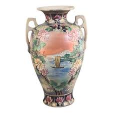 Antique Early 20th Century Asian Nippon Hand Painted Floral Scenic Vase | Chairish