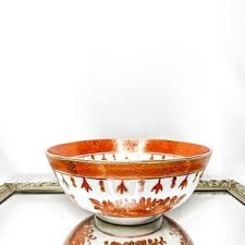 Vintage 10" ACA Japanese Porcelain Bowl Decorated in Hong Kong / Orange White and Gold / Hand Painted Porcelain Bowl / Chinoiserie Chic - Etsy