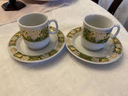 yamato japan- 2 expresso cup & saucer - green & gold colored ...