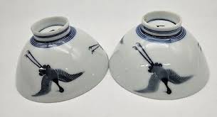 Set of 2 Antique Asian White Blue Ceramic Rice Bowls Dancing ...