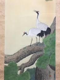 Japanese Hanging Scroll “cranes on Pine Tree” by Aizawa ...
