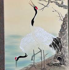 Japanese Scroll Hand Painted on Silk Showa Era Pair of ...