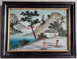 A Very Old Middle Size Japanese Artwork Framed Behind Glass ...