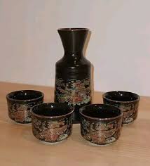 Vintage Black And Gold Japanese Ceramic Sake Set Peacock And Floral Print Unique | eBay