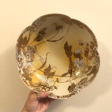 Antique Gold Hand Painted Lotus Nut Bowl Detailed in 24K ...
