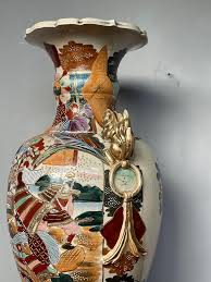 Antique and Large Hand Crafted and Hand Painted Satsuma Vase w. Temple Lion Handles at 1stDibs