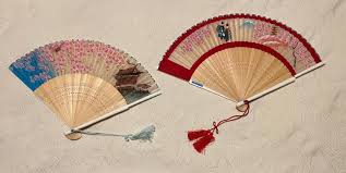 Vintage Oriental Fans Blue With Flowers and Pagoda & Red ...