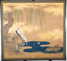 Japanese Meiji Period Painted Screen with Gold Fleck Paint ...