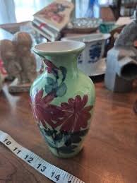 Vase Mint Green Hand Painted Pink Flowers Ceramic | eBay