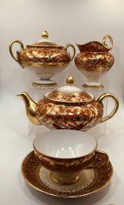 Antique Japanese Hand Painted Footed Orange Rust Red Heavy Gold Tea Set 16 Piece | eBay
