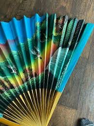Vintage Asian Oriental Wood Bamboo Fan Wall Chinese Bird Mountains Scenic | eBay