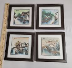 Lot Of 4 VTG Framed & Signed Oriental Village Print Watercolor Pen & Ink Bridge | eBay