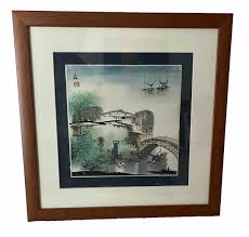 Vintage Asian Bridge River Painting On Rice Paper Signed Stamped 12x12 Wall Art | eBay