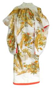 Lot - ASIAN: Japanese kimono, possibly wedding "Uchikake" kimono, mid-20th C., white ground with birds and bonsai depicted throughout front, back and sleeves, metallic embroidery with red and black accents against metallic ...