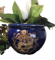 Vintage Asian Blue Gold Small Planter, Vintage Gold Foil ...
