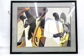 Jazz at Takoma Station" print by Joseph Holston, based on the Takoma Park Jazz Club in Maryland, 30"x37". - Bunting Online Auctions