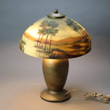 Arts and Crafts Jefferson Reverse Painted Table Lamp with Landscape Scene C1920 For Sale at 1stDibs