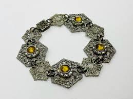 Antique Art Deco “sterling” Filigree Link Bracelet, Clear and Yellow Stones - Etsy Canada