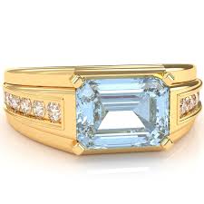 Men's Aquamarine Diamond Channel Ring In Solid 14k Yellow Gold – Gems Of Zodiac