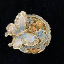 Butterfly Rhinestone Enameled Trinket Box Blue Yellow Flowers | eBay