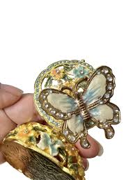 Vtg Jeweled Golden Enameled Butterfly Floral Trinket Box Magnetic Vanity Decor | eBay