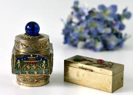 Pair of Antique China Brass Snuff Boxes - Blue Glass Repousse Inlay St – GSaleHunter