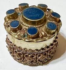 Vintage Trinket Pill Ring Tin Round Lotus Blue/Green On Gold 1.2” | eBay