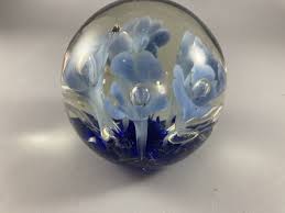 Paperweight By ST CLAIR glass Corning Blue Flowers Bubbles ...