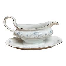 Johann Haviland Blue Garland Gravy Boat Attached Underplate Germany | Chairish