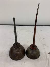 Lot Of 2 ANTIQUE THUMB PUSH SQUIRT OIL CANS ~ 10-1/2” & 8-1 ...