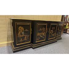 1970s Vintage Asian-Inspired Lacquered Sideboard With Gold Painted Panels and Ample Storage | Chairish