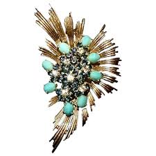 Vtg 1950s MARCEL BOUCHER Cabochon Rhinestone 2-Tone Brooch Pin Fur . For Sale at Ruby Lane