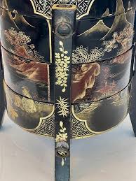 Chinese Three Tiered Black and Gold Lacquer Wedding Basket ...