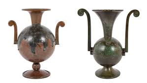 Two Double Handled Patinated Bronze & Copper Vases By G. Åke ...