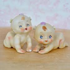 Vintage Pair of Ceramic Naked Baby Figurines With Flowers ...