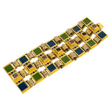 Jean Paul Gaultier Gilded Metal Large Bracelet with Enamel Cabochons For Sale at 1stDibs