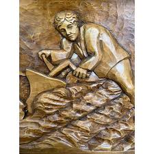 Large Wood Carving of Farmer with Horse-Drawn Plough by Wolfgang Duksch, 1990s | Chairish