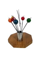 Art Deco Chrome and Wood Cocktail Pick Set w/Bird Landing in Tree to Pick Berries For Sale at 1stDibs