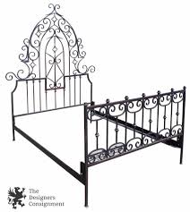 Arhaus Queen Size Wrought Iron Gothic Bed Frame Arched Back W/ Scrolls Antiqued